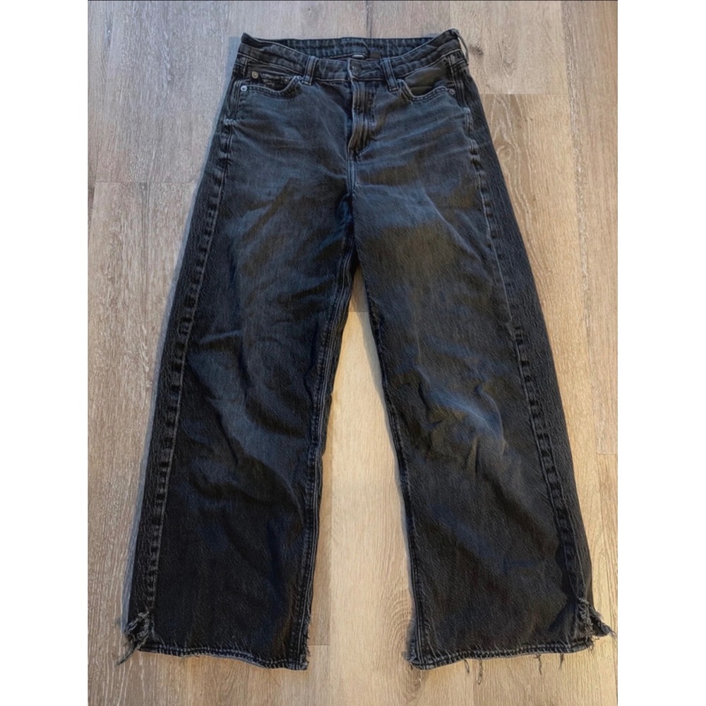 American Eagle Super High Rise Baggy Wide Leg Ankle Jeans Black Strigid Denim